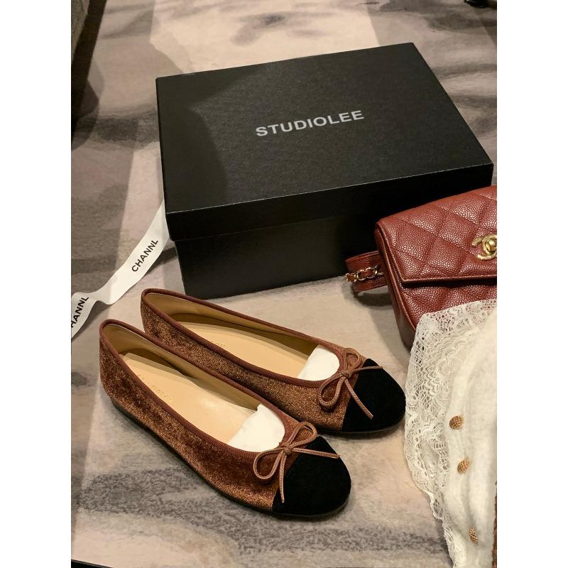 Sheepskin version of classic round head bow velvet tweed shallow mouth flat bottom single shoes women