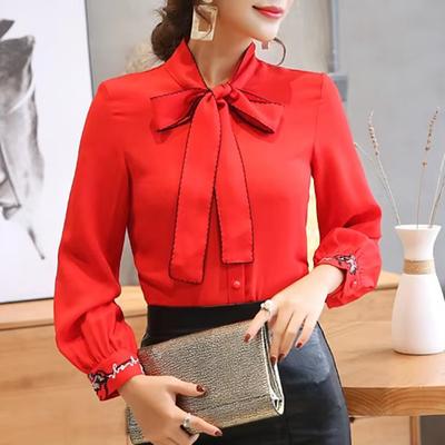 Chemisier élégant à col papillon pour femme, chemise décontractée à broderie florale, ample, solide, à manches longues, simple, pour le bureau, 0726
