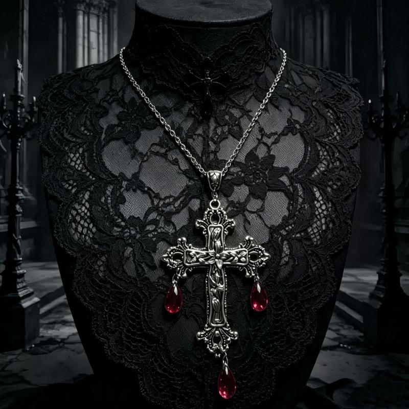 Gothic Y2K Spicy Girl Dark Cross Thorn Necklace - Harajuku Hip Hop Retro Streetwear Sweater Chain