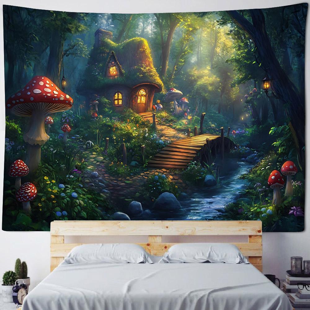 Psychedelic Mushroom Tapestry Fantasy Starry Forest Landscape Art Wall Hanging Mandala Boho Room Decor Yoga Mat Sheet