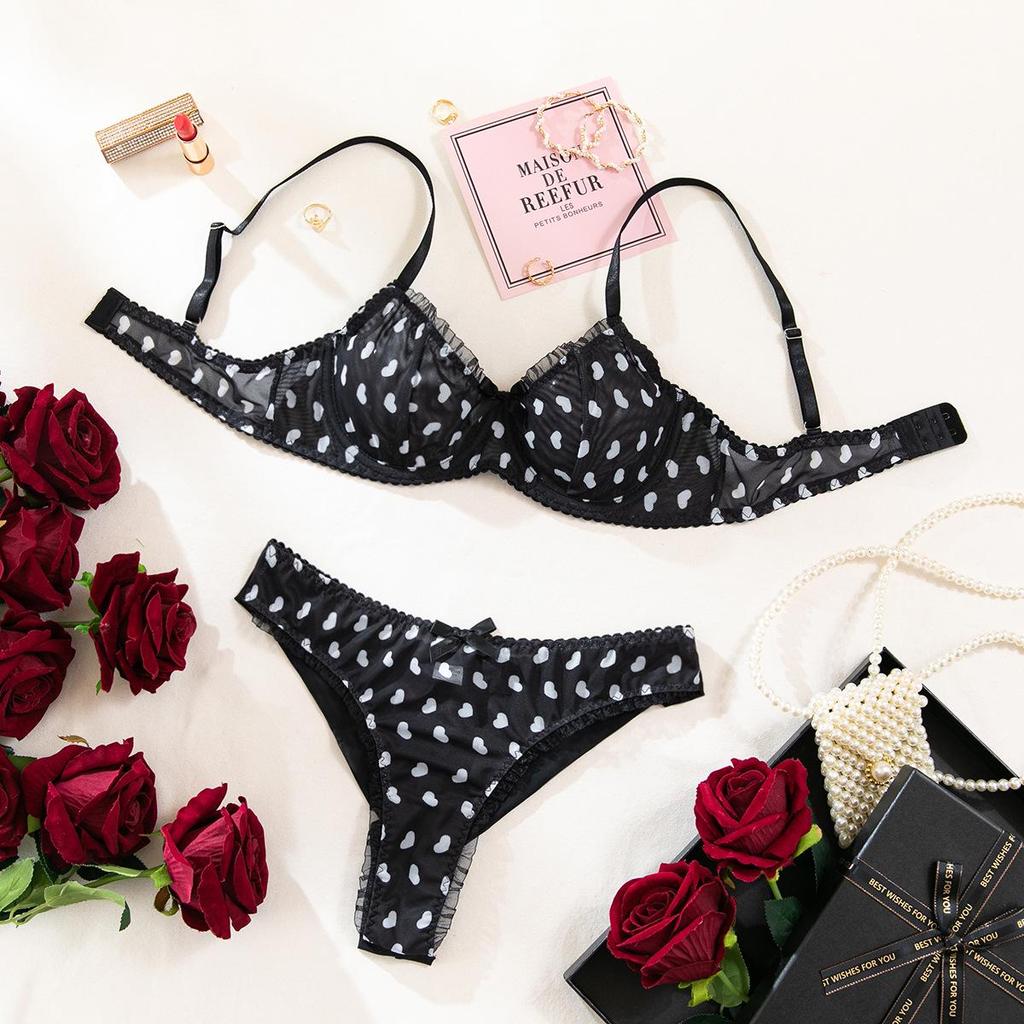 Sexy Pink Ruffle Edge Sheer Lingerie Set with Bow