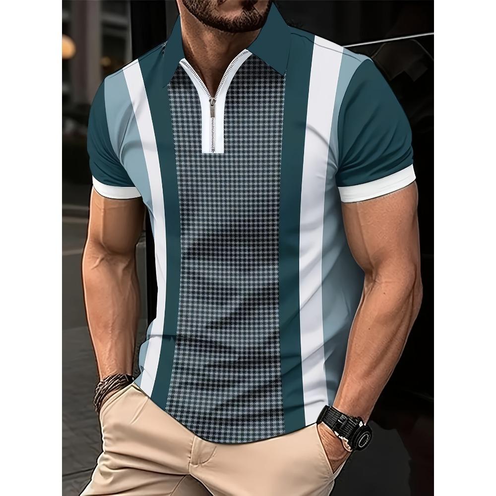Summer new men's zipper short sleeved POLO shirt with 3D checkered print