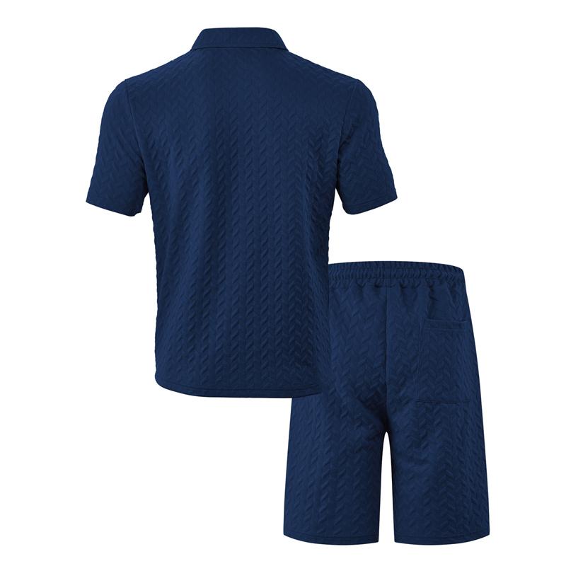 2026 New Men's Summer Casual Loose Fit T-Shirt Shorts Set Lapel Jacquard Thin Short-Sleeved Sports Polo Shirt Set