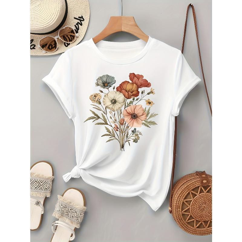 European Size Women's Short Sleeve T-Shirt with Artistic Floral Graphic Print, Round Neck Casual Summer Top