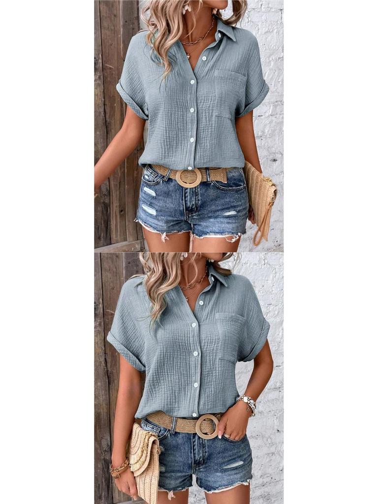 European American Women's Cotton Shirt - 2026 Summer Collection: Solid Color Casual Button-Up