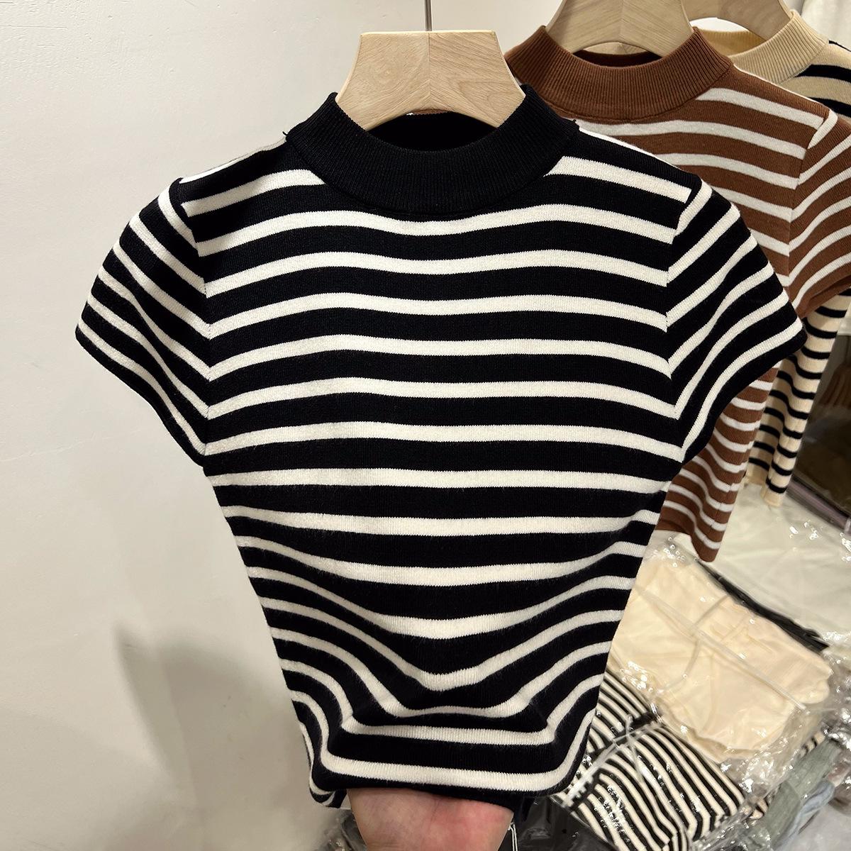 

2024 Spring Striped Knit Top: Women s Slim-Fit, Flutter-Sleeve, Half-High Collar, Short-Sleeve Shirt One Size