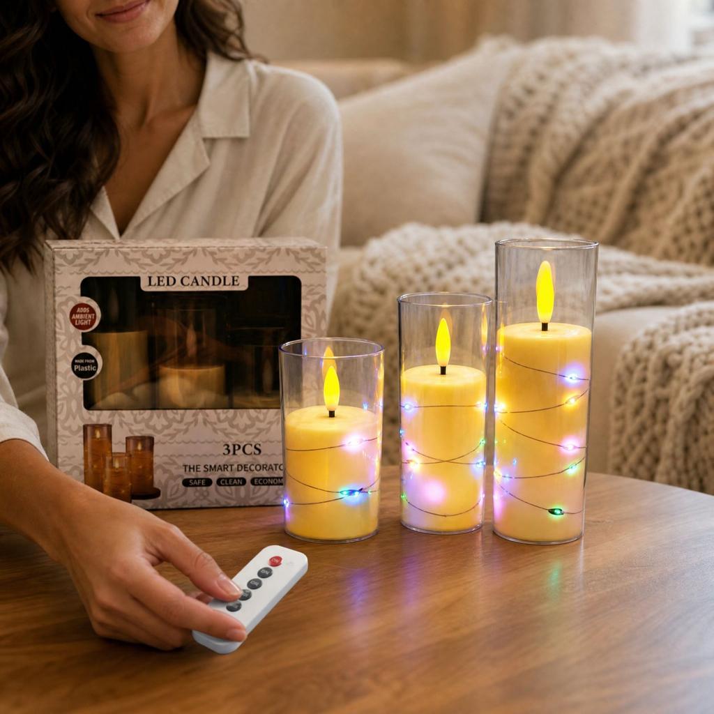 Flameless Candles with String Lights for Wedding Party Table Decor, Simulated Flickering Flame Ornaments for Home and Event