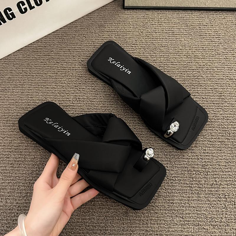 Aphixta Crystal Flip Flop Square Toe Summer Shoes Flat With Heel Slipper Women Casual Slides Outside Sandals Cross Strap Slipper
