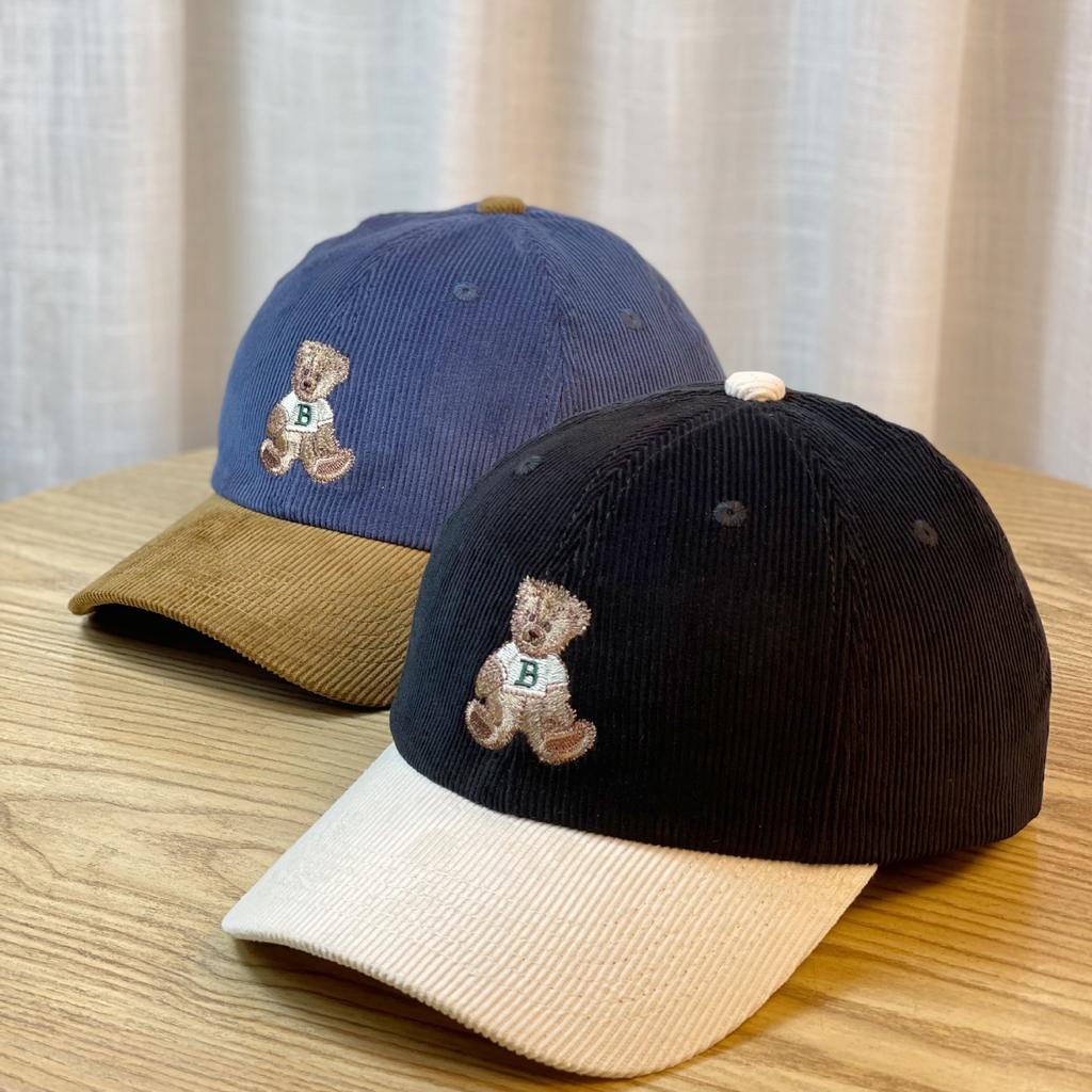 Korean-style New Corduroy Baseball Cap for Women, Summer Sun Protection Cute Teddy Bear Embroidered Baseball Cap That Makes the Face Look Smaller,