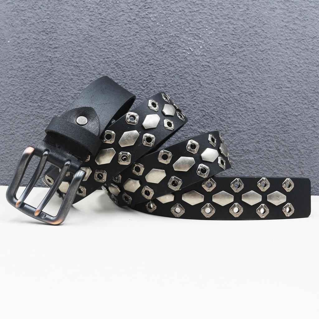 Genuine Leather Gothic Star Rivet Belt – Heavy Duty Double Eyelet American Style Y2K Waistband