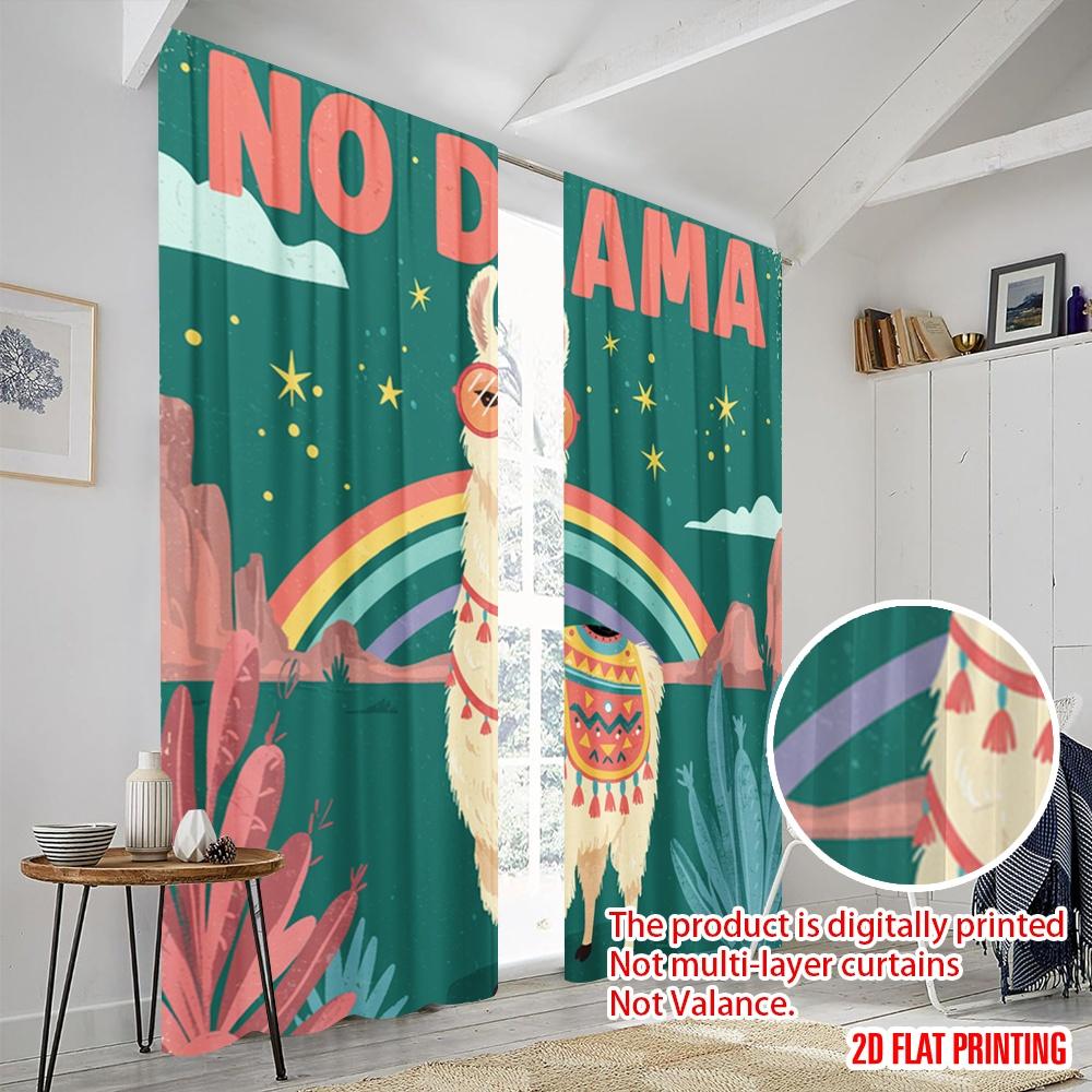 2pcs 2D Flat Printing Curtain Llama No Drama Polyester Without Electricity Festive Holiday Perfect for Holiday Celebrations
