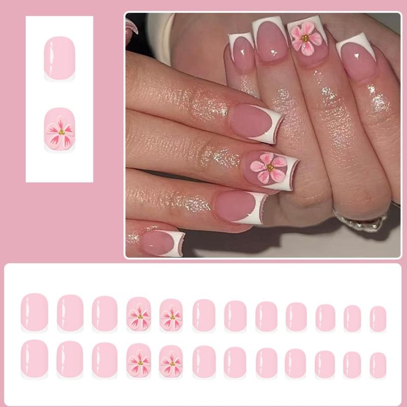 Elegant 3D Raised Flower Press On Nail Pink French Tip Fake Nail Plastic Comfortable Reusable False Nail For Daily Use