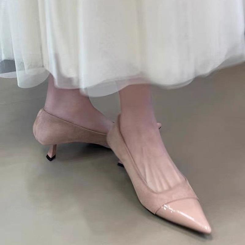 Fashion Summer Low Top Fine Heel Shoes Women Fashion Pointy Splicing Monochrome Cow Suede Slip-on Heel Shoes