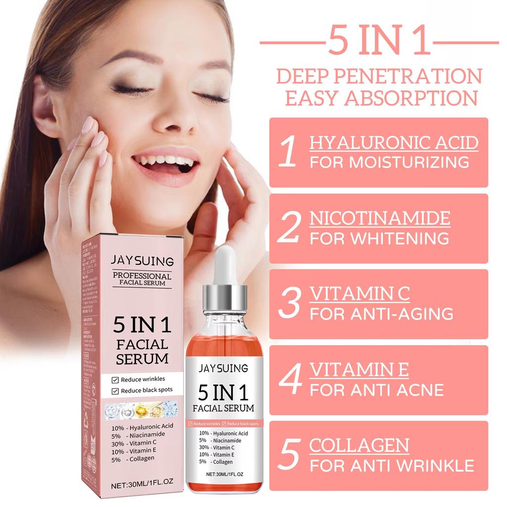 5-in-1-Gesichtsserum, lässt feine Linien verblassen, strafft die Haut, verkleinert die Poren, spendet Feuchtigkeit und hellt das Gesichtsserum mit Vitamin C und Hyaluronsäure auf