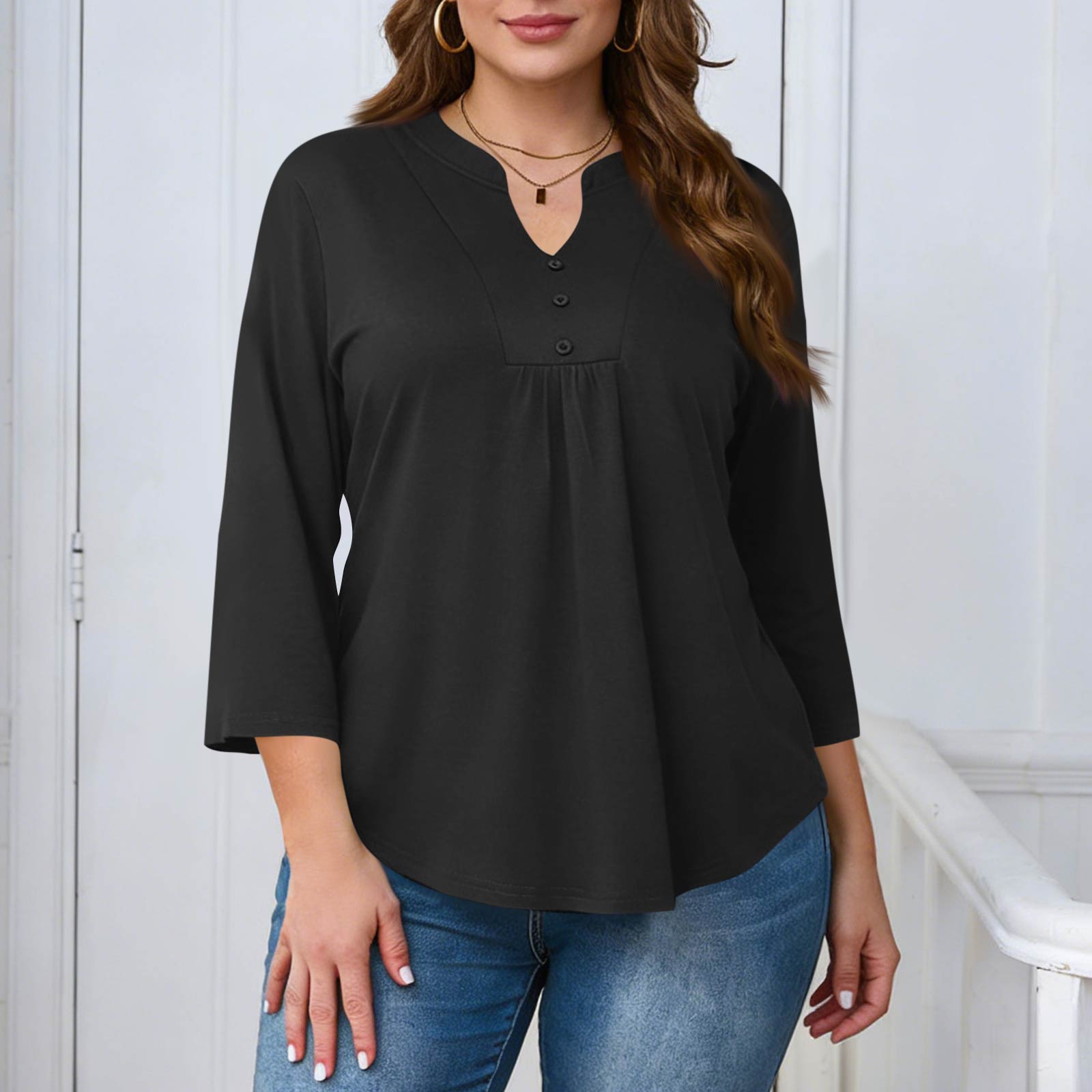 

Women s Plus Size Fashionable Casual Loose Fit Three Quarter Sleeve Elegant Button Up V Neck Top XL чорний