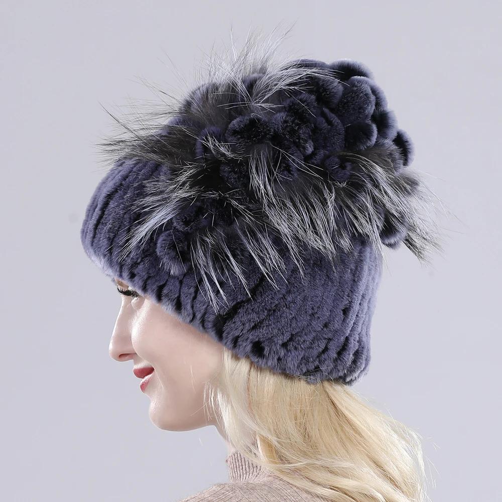Brand Women Genuine Rex Rabbit Fur Hats Winter Rex Rabbit Fur Beanies Striped Top Flower Fox Fur Warm Real Fur Knit Caps