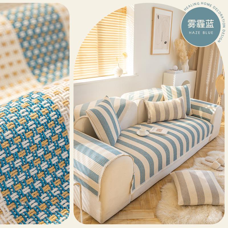 Japanese Style Sofa Cover Cotton Linen Thread Woven Stripe Sofa Slipcover All Season Anti-Slip Cushion Breathable Wear-Resistant