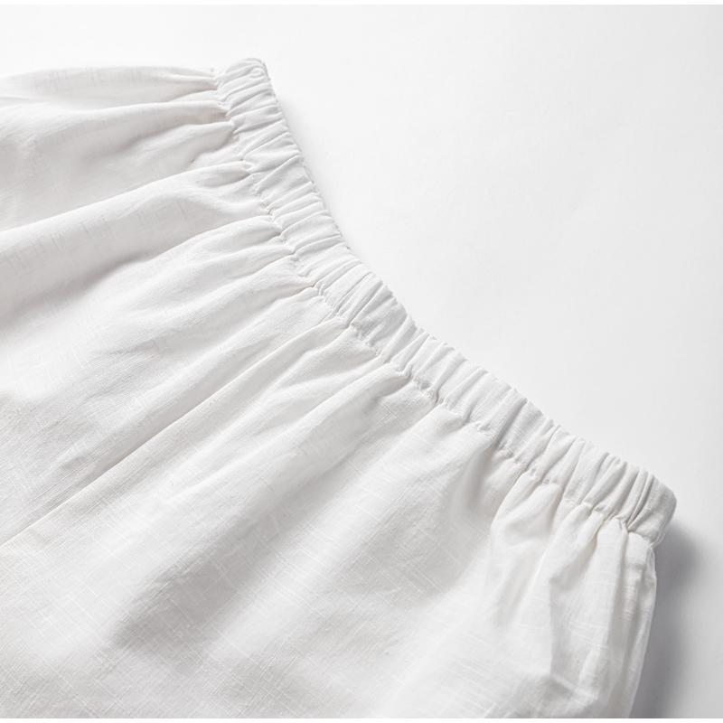 Solid Linen Lace Up Bow Shirts Women Shorts Suits Turn-down Collar Lantern Sleeve Blouse Ruffles Pants Summer Lady 2 Piece Sets