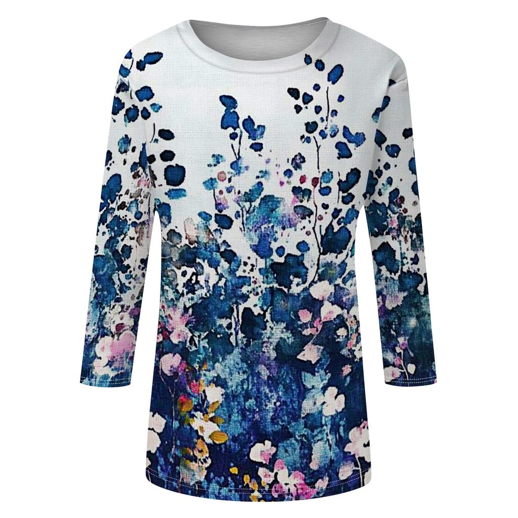 Damen Blume Muster Freizeit Drei Viertel Ärmel Rundhals Oberteil Leicht Bequem Bluse für den Alltag