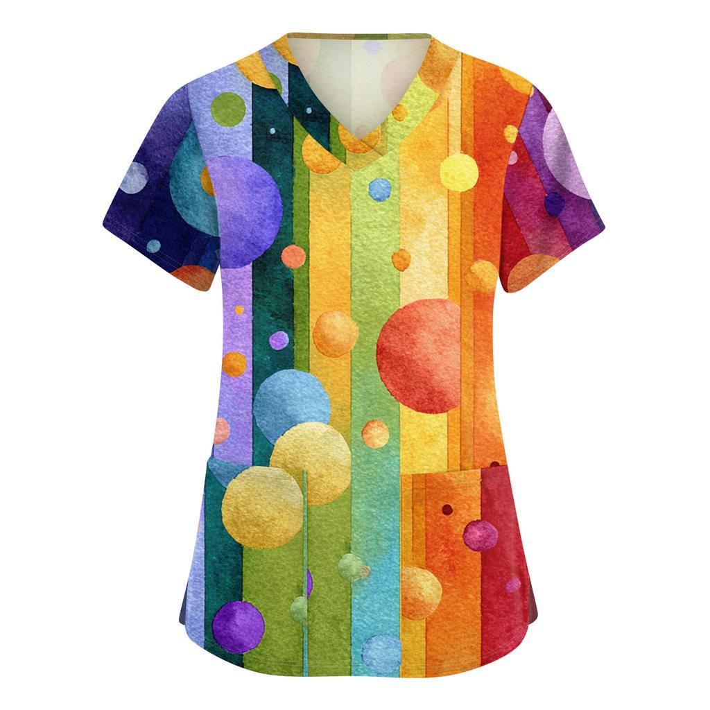 Women's Cute Printed Work Clothes V-neck Double Layer Pockets Basic Short Sleeve Top Pullover