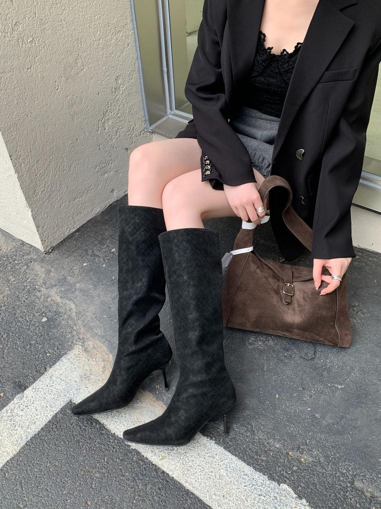 2025 Autumn and Winter New European and American Suede Square Heel High Heel Temperament French Fashion Sexy Beautiful Women Boots