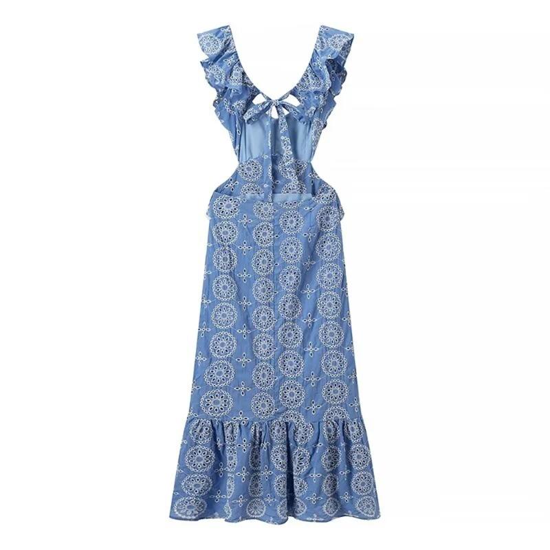 Summer New Women's European and American Style Heavy Industry Cotton Embroidery Stacked Decorative Blue Hollow Out Sexy Sweet Dress