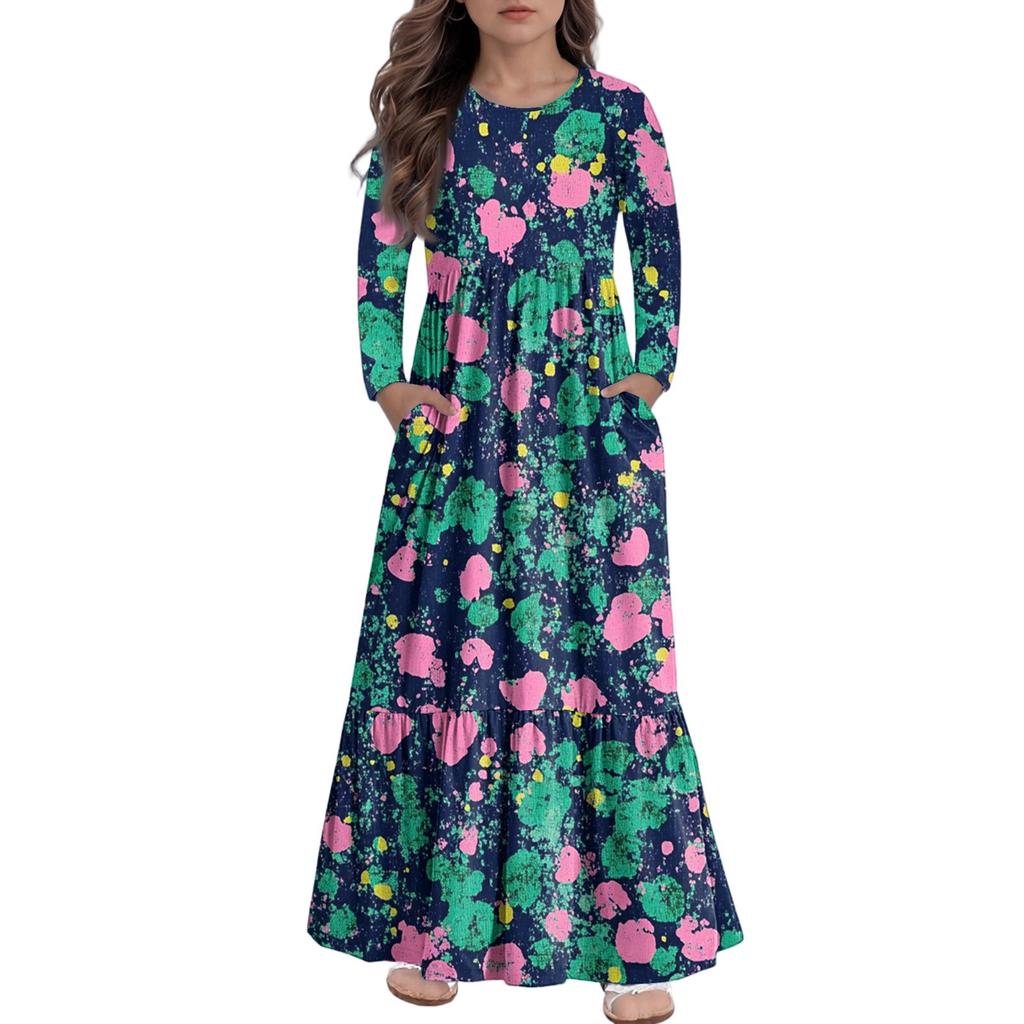 Rochie Maxi de Fete Rochii Casual de Vacanță - Rochie cu Mâneci Lungi cu Buzunare Pentru 4-14A
