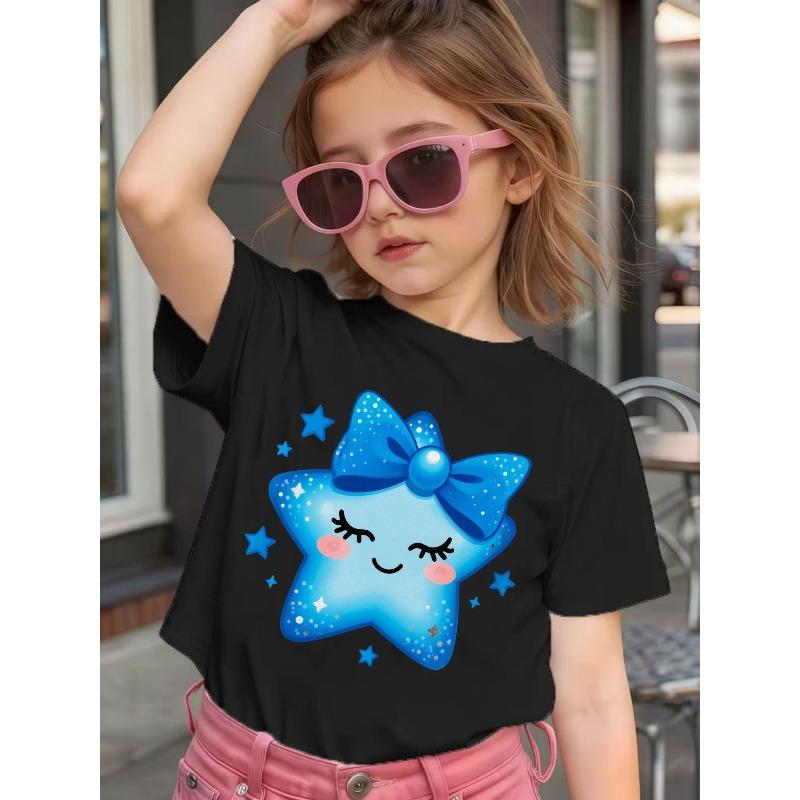 Mädchen Crew-Neck Kurzarm-T-Shirt mit Cartoon-Blauen Sternen & Schleifen-Print