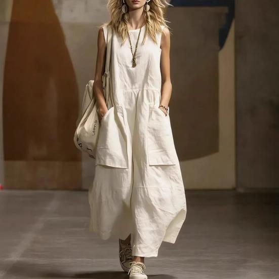 Abito da Donna Caldo a Vestibilità Larga Senza Maniche in Cotone e Lino Monocolore Stile Retro Estivo Tessuto Morbido e Confortevole per Feste in Spiaggia Abbigliamento da Ufficio