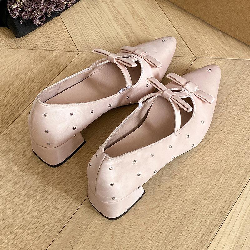 

Туфли Мэри Джейн из атласа со стразами с острым носком для женщин, Универсальные туфли с неглубоким вырезом и бантом 39 розовый