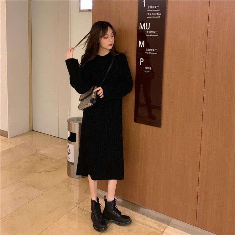 Korean loose hooded bottoming knitted dress women's 2026 autumn and winter thickened knee sweater medium and long skirt