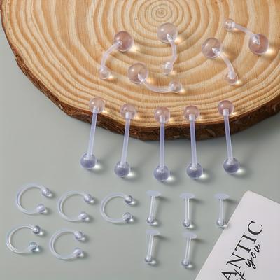 20pcs Acrylic Body Piercing Retainers Set - Simple Style, No Plating, Transparent, for Navel, Tongue, Eyebrow, Lip, Cartilage