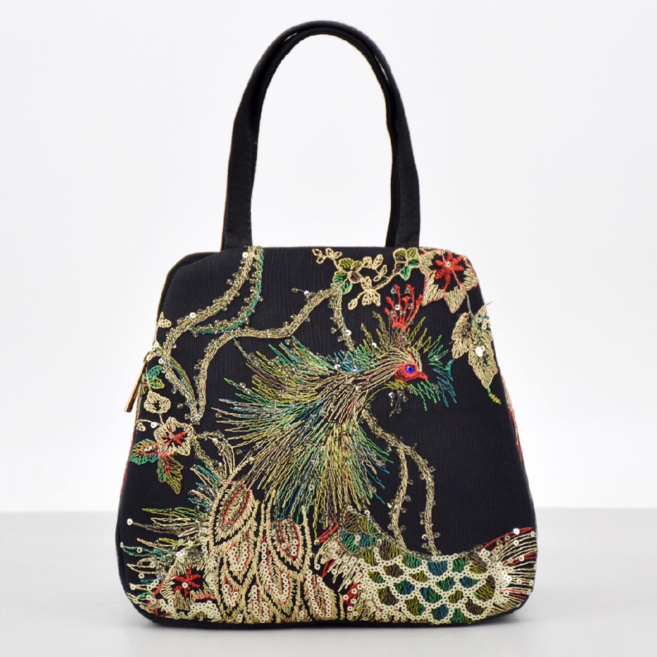 Ethnic Style Peacock Embroidered Women s Handbag – Double Pocket Large Canvas Bag чёрный