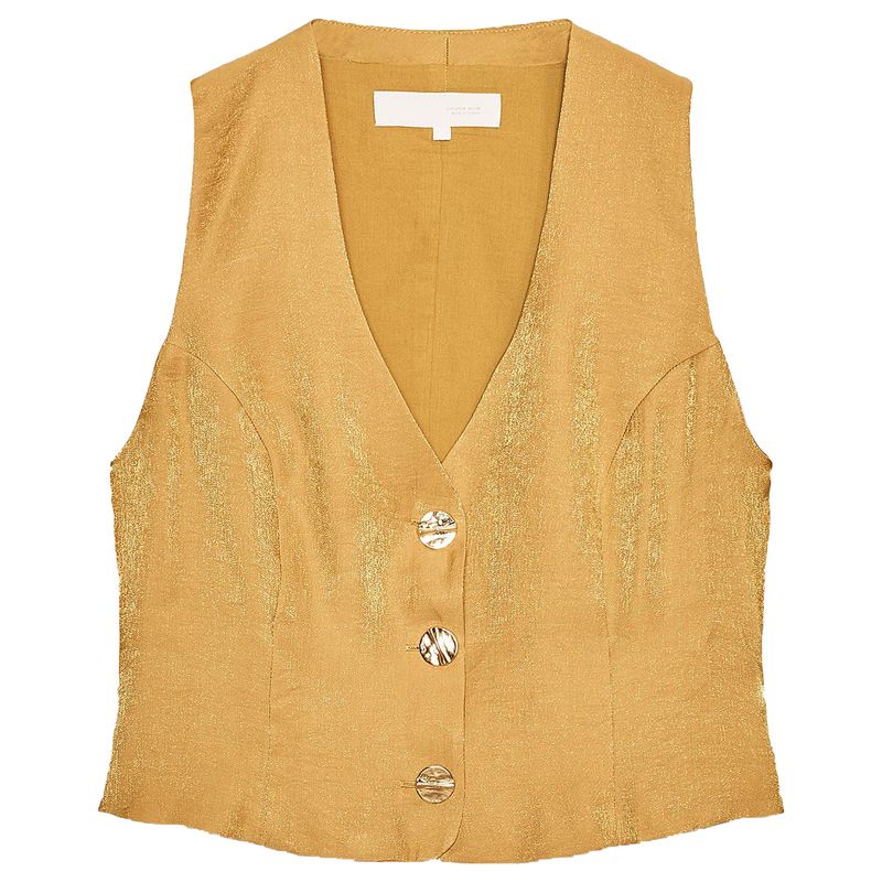 Zaprha 2025 Summer New Fashion Gold Button Decoration Silk Satin Texture V-neck Top 7484091303