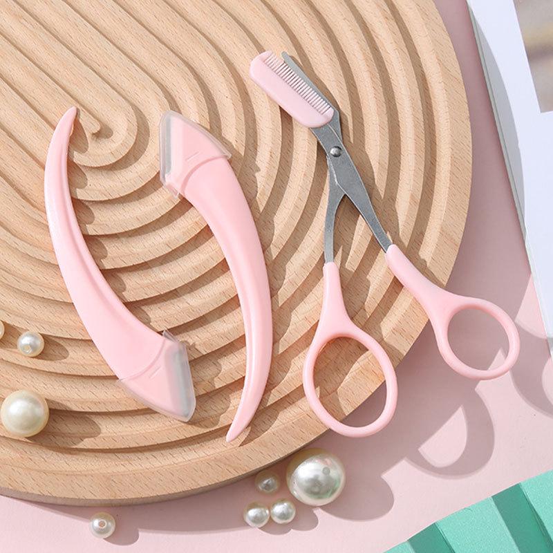 Pink Eyebrow Trimmer Set: Anti-Scratch Razor & Scissors for Beginners
