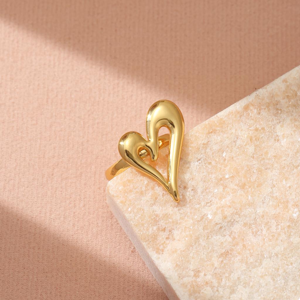 Golden Plated Abstract Cutout Heart Open Adjustable Ring for Women Modern Statement Jewelry Gift