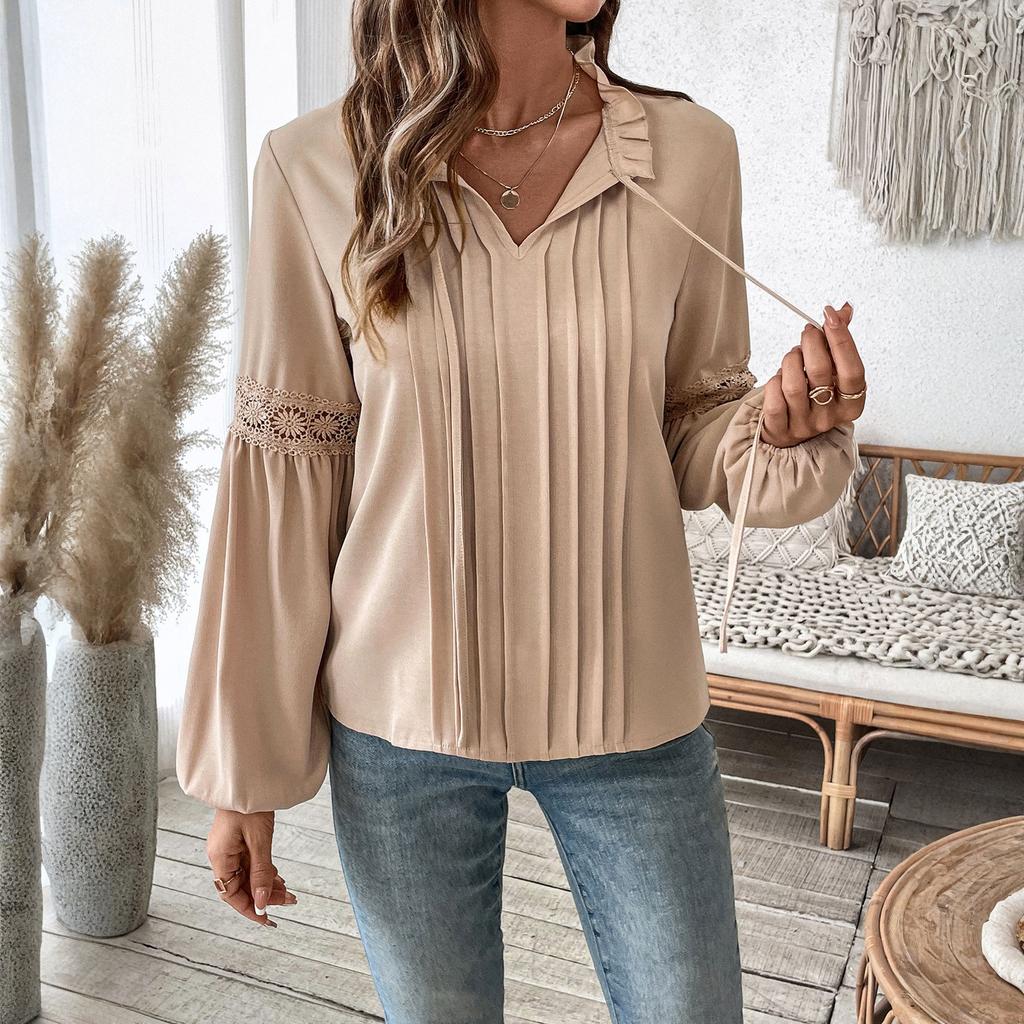 Women's Fashion Casual Lace V-Neck Solid Color Long Sleeve Pleated Shirt Women's T-Shirt Top