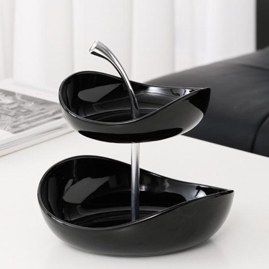 Double Layer Fruit Plate Multi-Layer Ceramic Fruit Bowl with Metal Stand Dishwasher Safe Corner Kitchen Countertop Organizer for Fruits Snacks Cakes