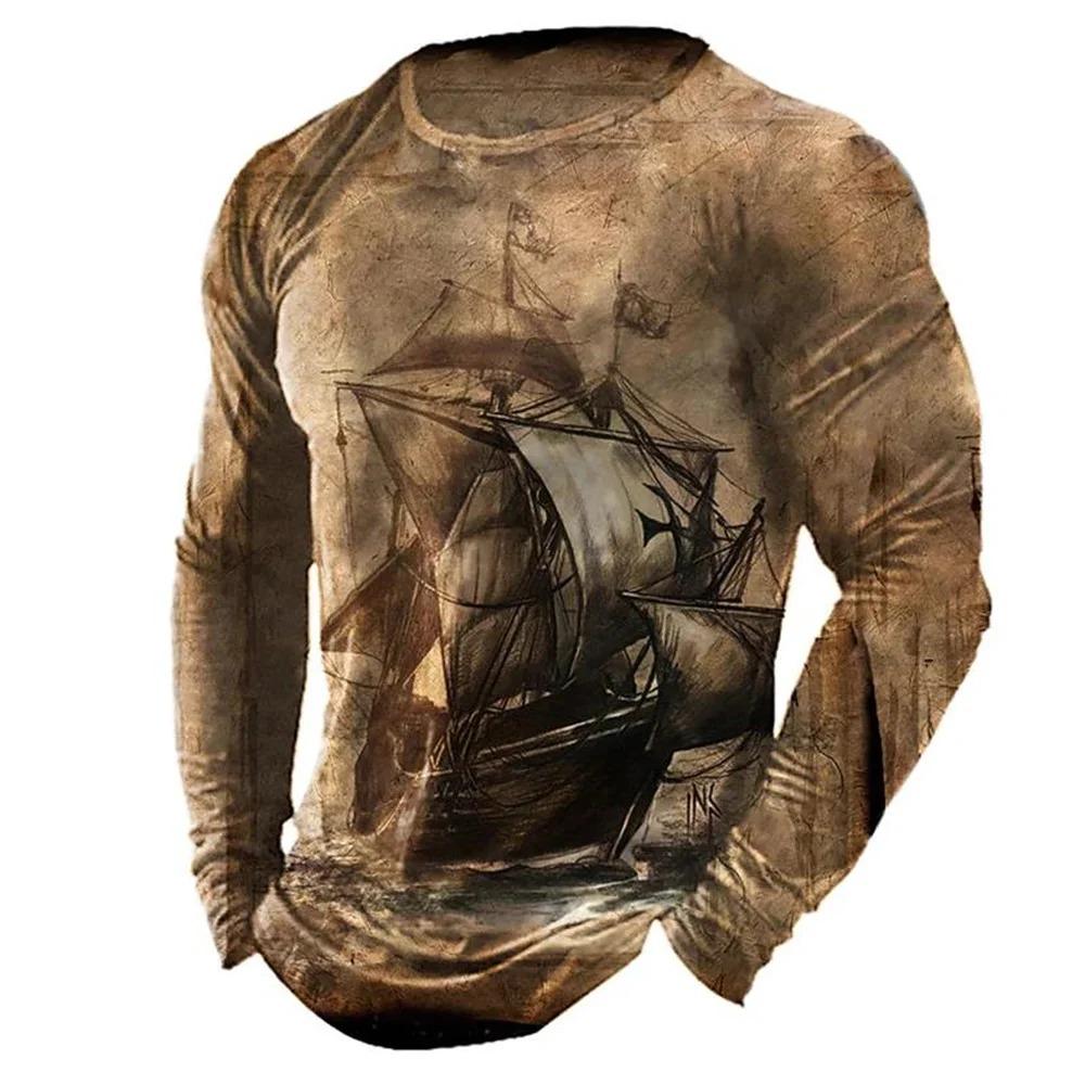 Retro Style 3D Guide Printed Men's Casual Round Neck Long Sleeved T-shirt