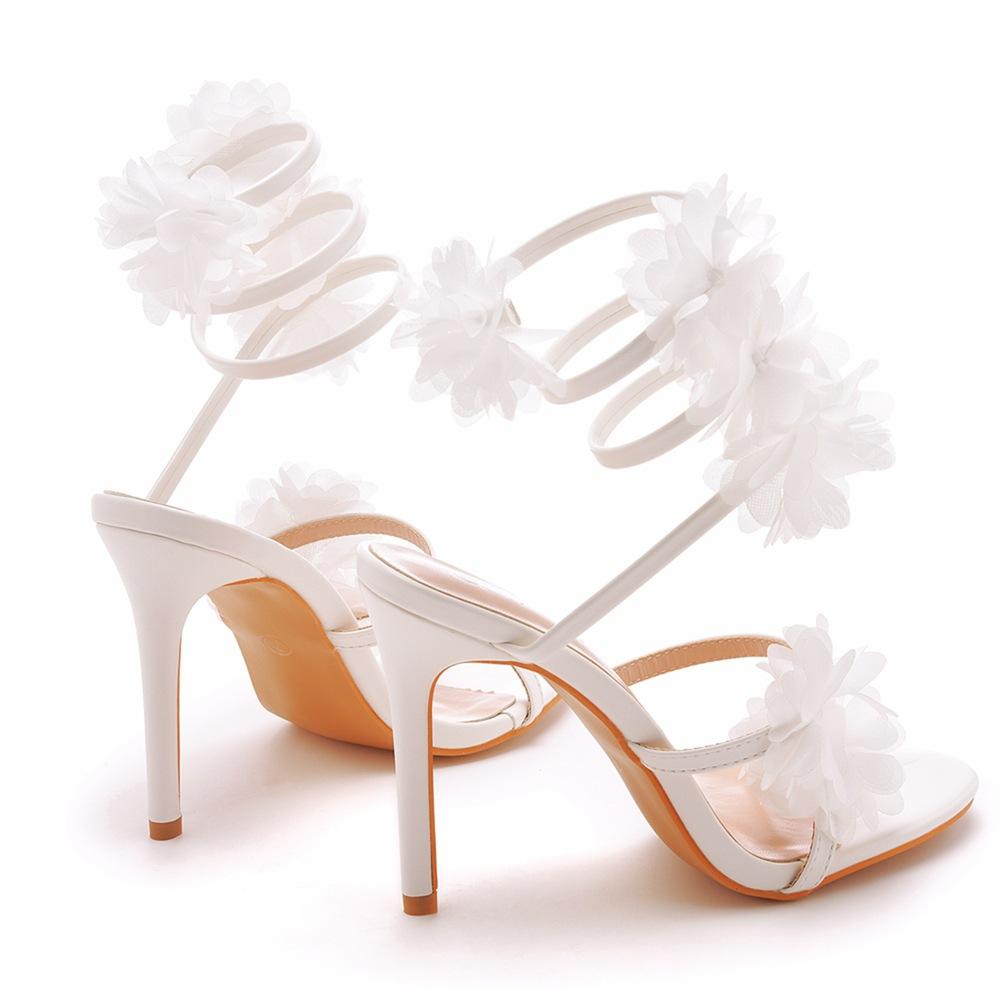 Fish Mouth Strap High Heels Sandalias De Mujer White Flower Banquet Wedding Dress Dress Shoes Designer Slides Zapatos De Mujer