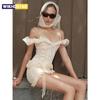 Rüschen Netz Dekoration Minikleid Frau Schulterfrei Rückenfrei Raffung Eng Pfirsich Hüfte Straße Sexy Stil Klassisch Bodycon