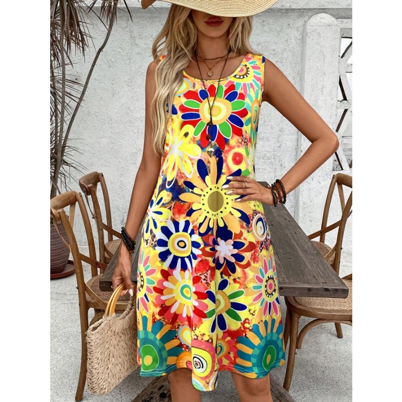 Vacation oriented spring and summer new flower print women s vest dress 4XL
