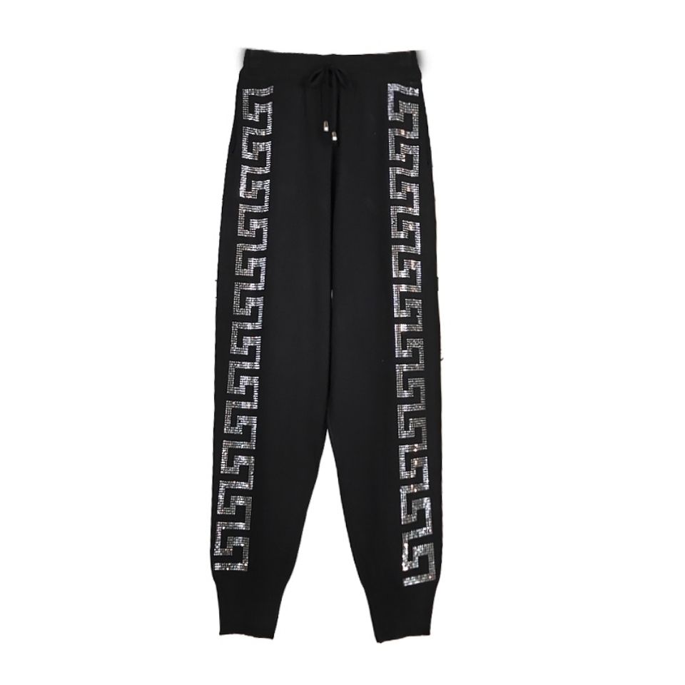 Women's High-Waist Knit Pants Rhinestone Loose Knit Harem Pants Casual Knit Sweatpants Fall/Winter