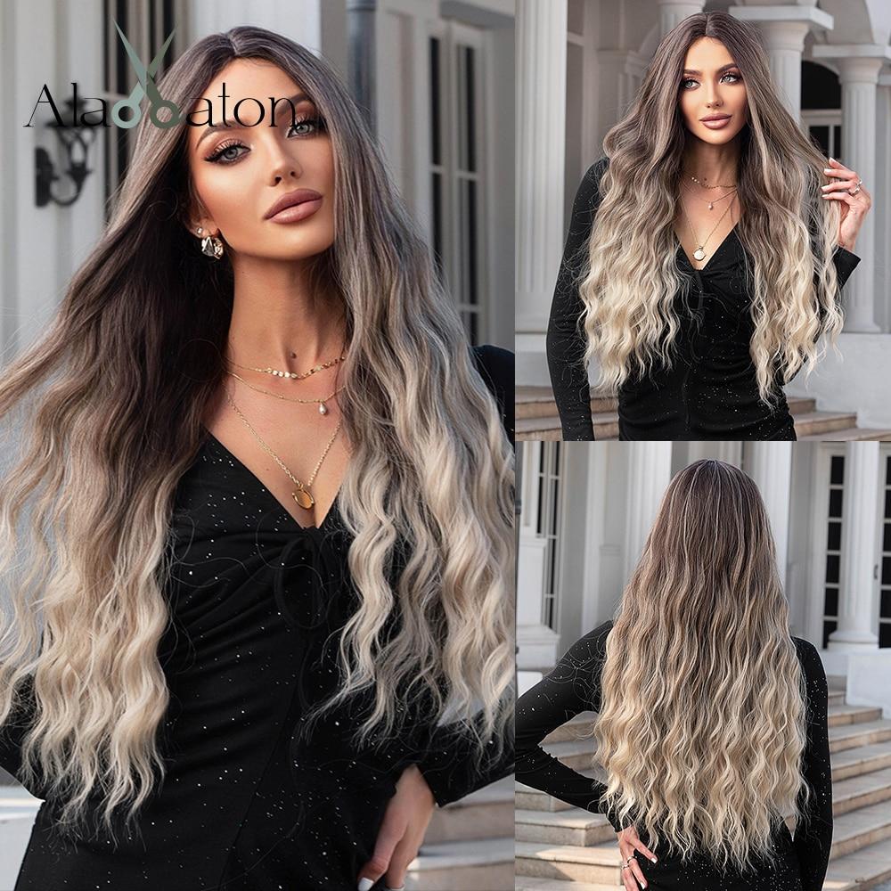 ALAN EATON Long Water Wave Ombre Dark Brown Wigs for Black Women Afro Cosplay Daily Hair Wigs with Bangs High Temperature Fiber