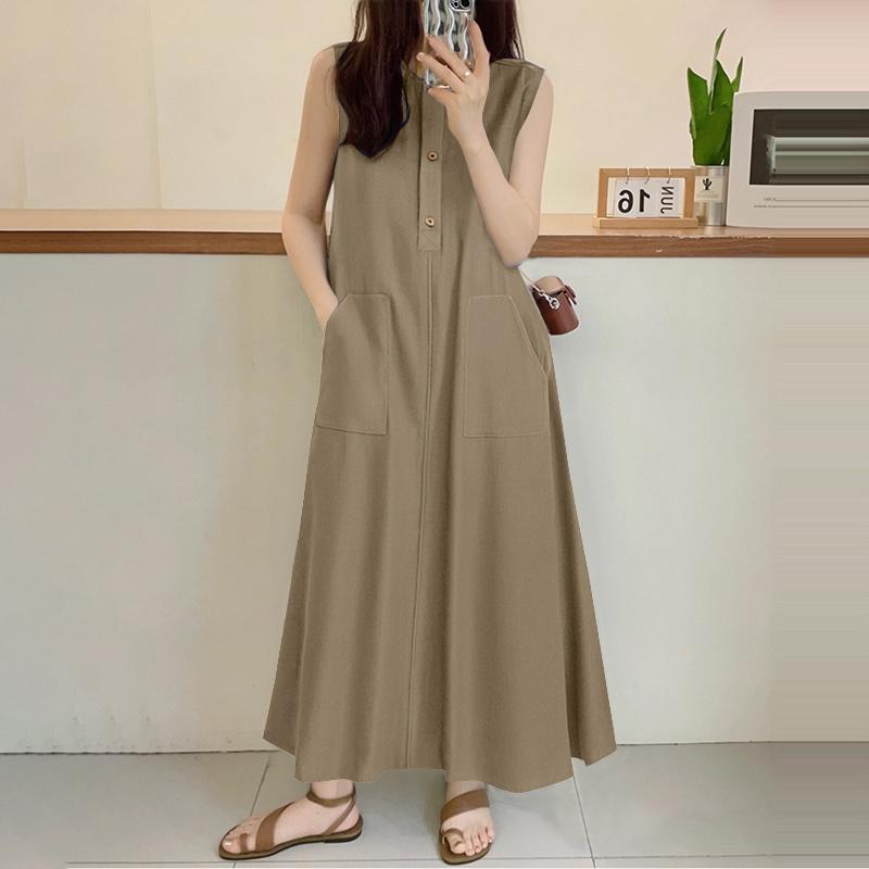 

ZANZEA Женское летнее платье с круглым вырезом, свободное, повседневное, без рукавов хаки