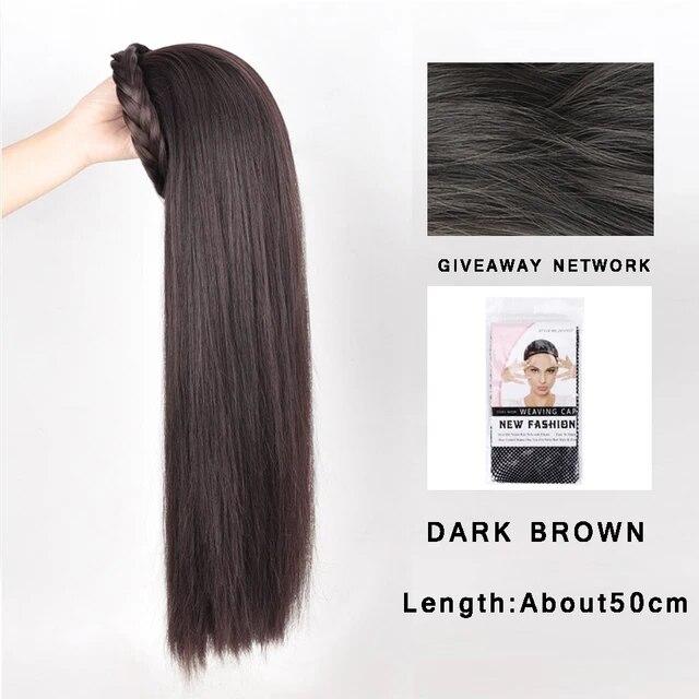 Synthetic Long Wavy Headband Wig Black Brown Women's With Twist Braid Hairband Accessories Natural Half Wig