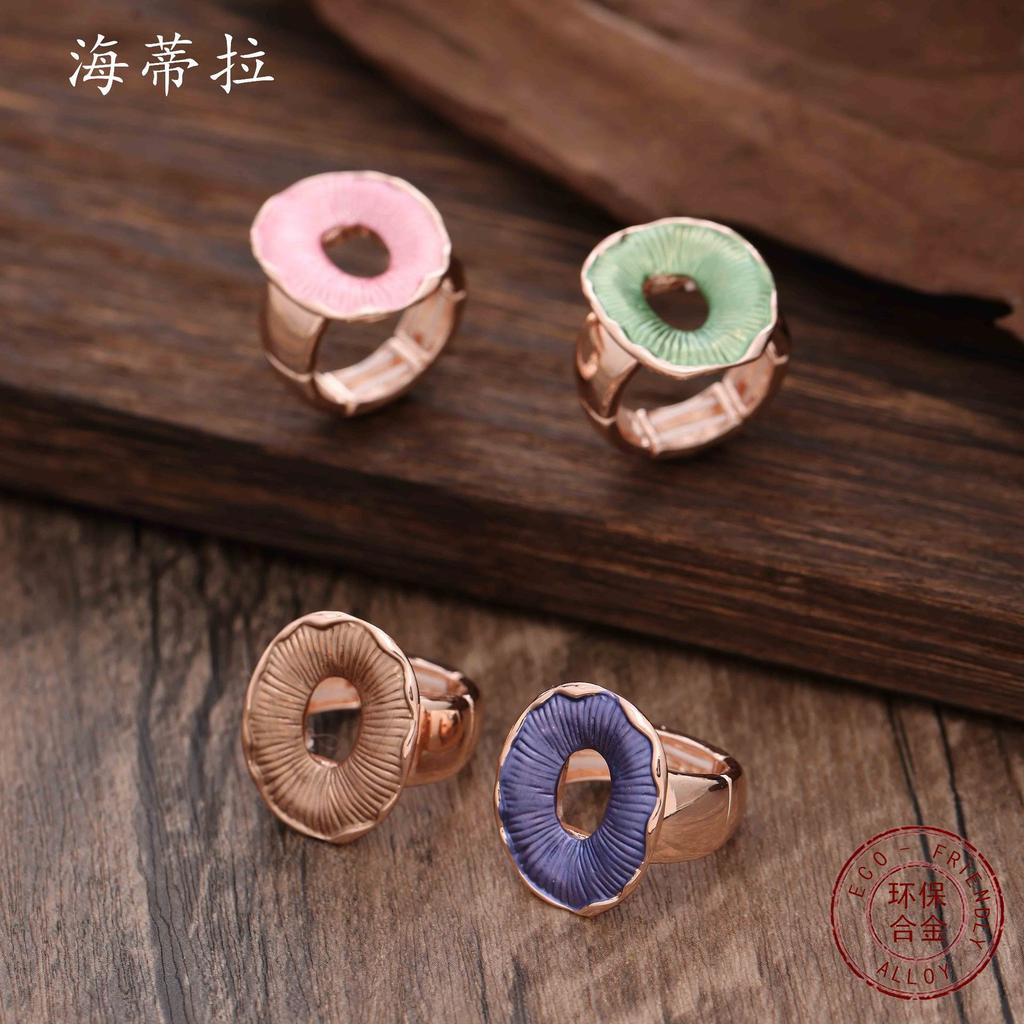New Colored Donut Oval Hollow Alloy Ring, Simple Small Fresh Women's Elastic Ring