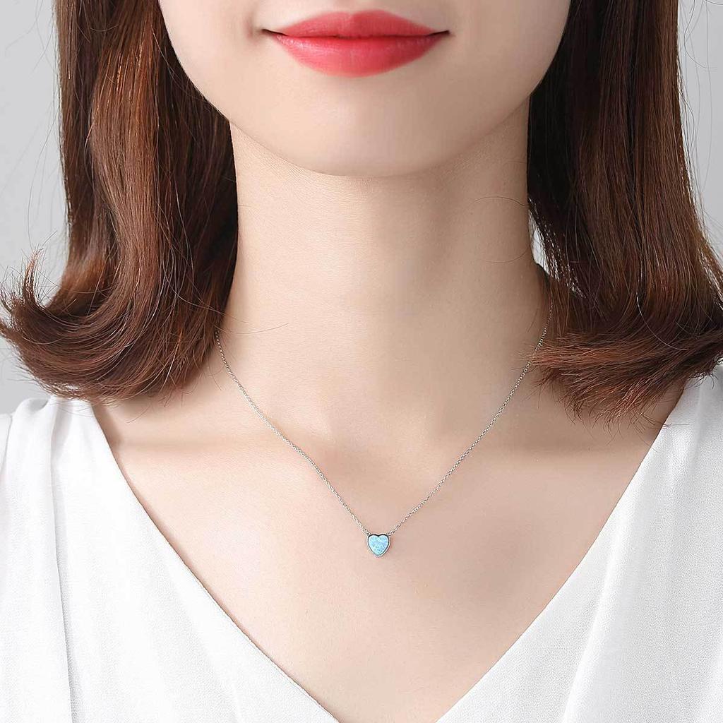 Silverbene Simple Heart Created Opal 925 Sterling Silver Necklace