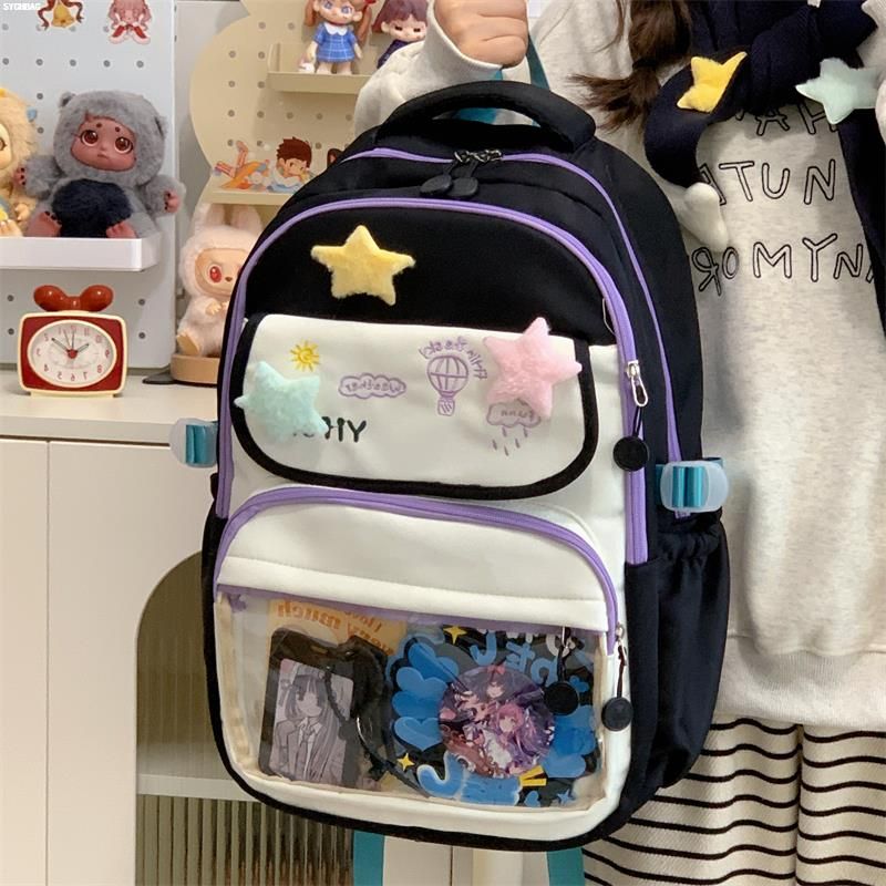 

Good-looking Schoolbag Women Junior High School Student Campus High School Student Large Capacity Cute Primary School Student Grade 4 to 6 Backpack Black + Star Badge 3 {Without Interior}