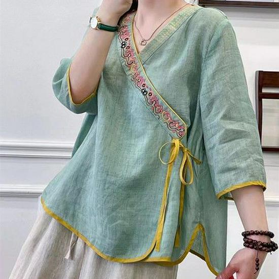 2023 Ethnic Retro Chinese Embroidered Ramie Shirt—Women's Loose Oblique Collar Top for Tea Ceremony